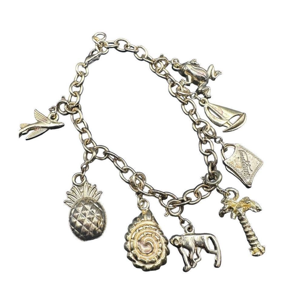 Summer vacation gold tone charm bracelet multiple removable charms
